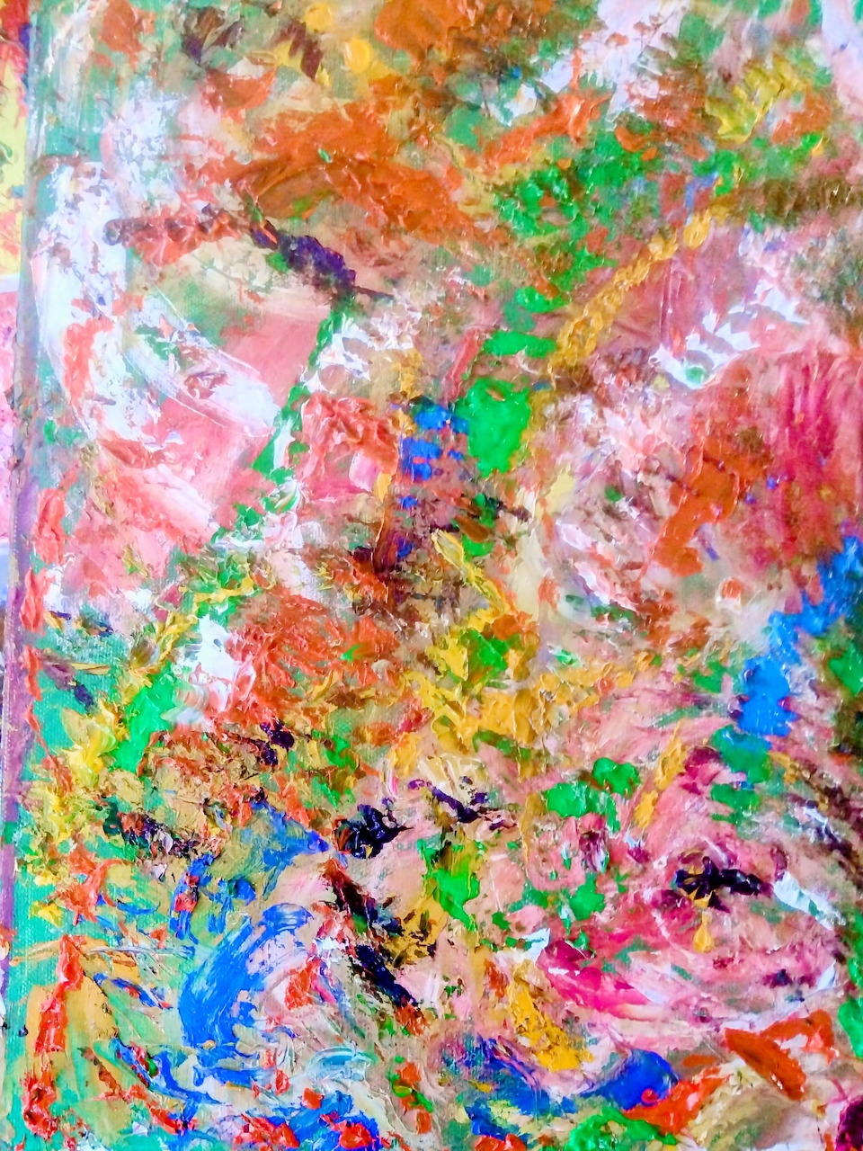 Abstract painting with swirling colorful brushstrokes in pink, green, orange, and blue