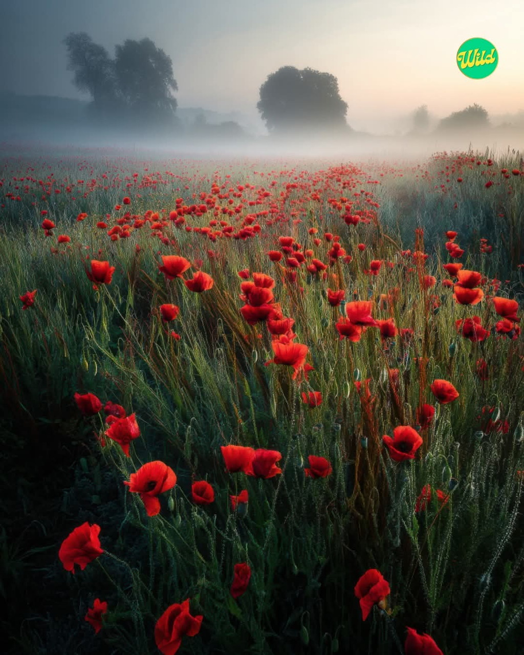 Red poppy flowers blooming in a green meadow under bright daylight