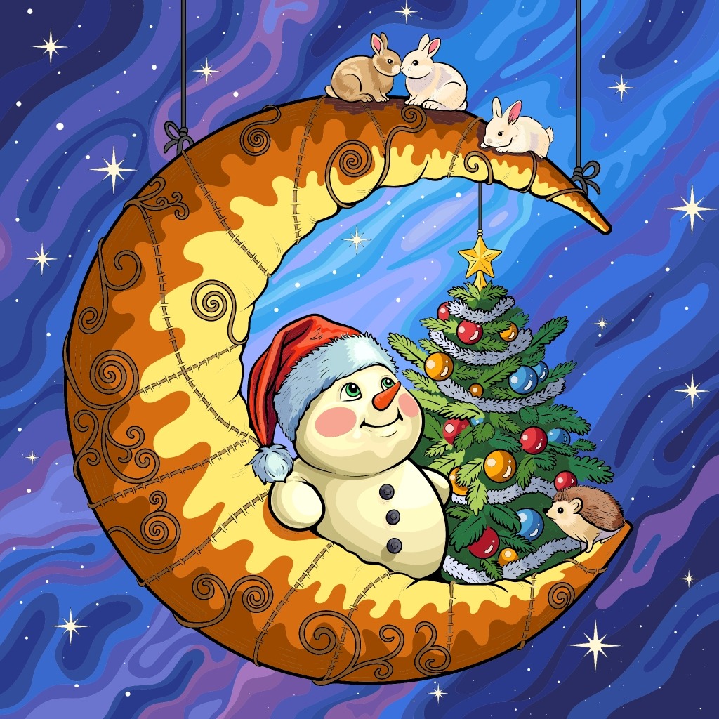 Snowman in Santa hat on ornate crescent moon with Christmas tree against starry night sky