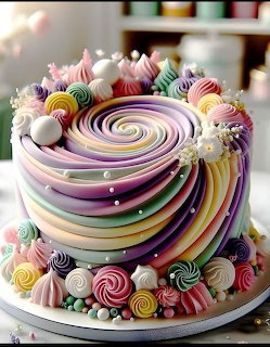 Multi-layered cake with rainbow spiral frosting, meringue kisses and colorful swirl candies on top