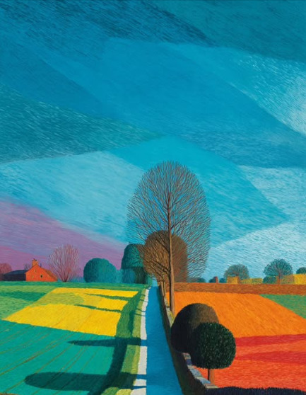 Colorful painting of a countryside road with bright fields, bare trees, and a vivid blue sky in David Hockney style