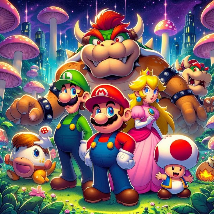 Mario and friends standing together in a colorful mushroom kingdom with glowing city background