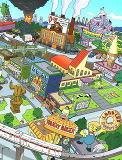 Cartoon illustration of Springfield town from The Simpsons with monorail, buildings, and characters
