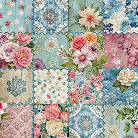 Patchwork collage of vintage floral patterns with roses, lace, and decorative motifs in pastel colors