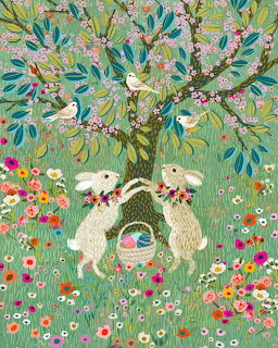 Illustration of two bunnies with floral wreaths under a flowering tree surrounded by colorful wildflowers and birds