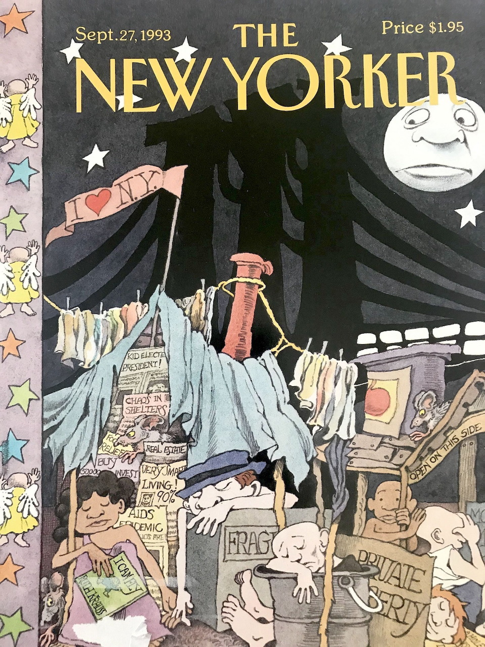 1933 New Yorker magazine cover showing night scene with clotheslines, moon and stars over city tenements