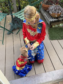 Woman and small child wearing matching Wonder Woman costumes sitting together on a wooden deck outdoors