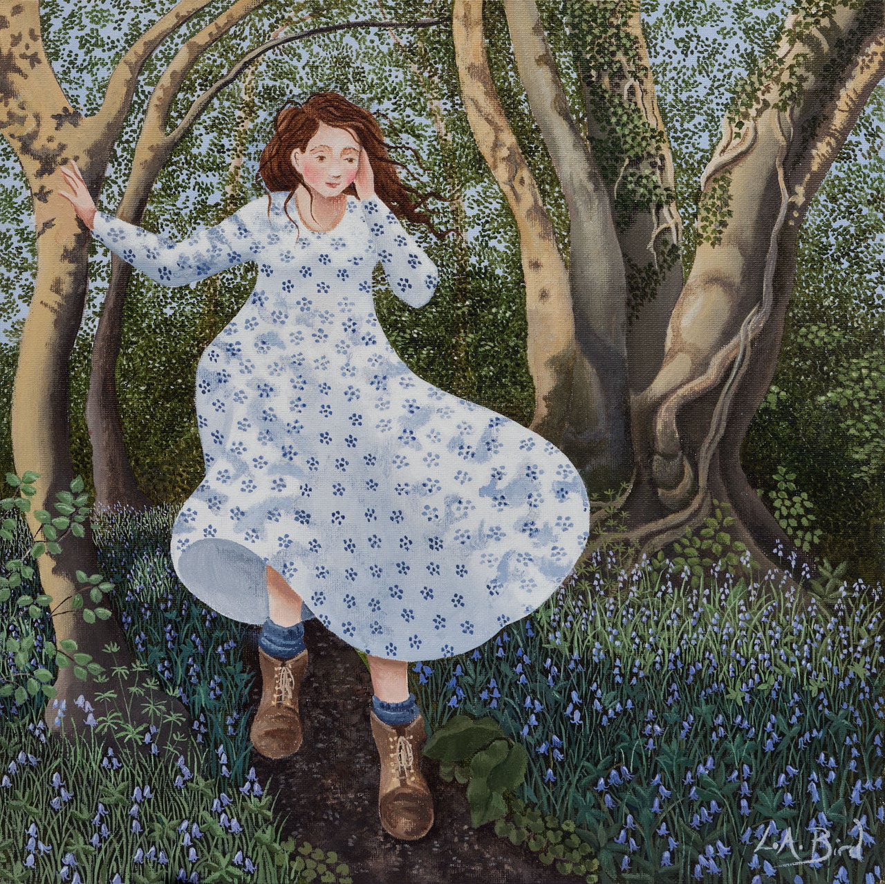 Girl dancing in white floral dress among bluebells in forest with trees