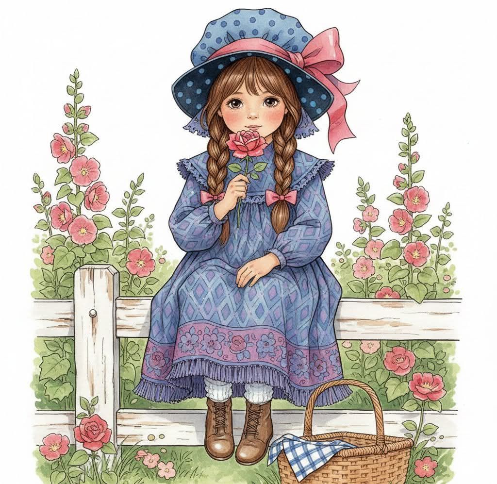 Illustrated girl in vintage blue dress and bonnet sitting on white fence with pink flowers