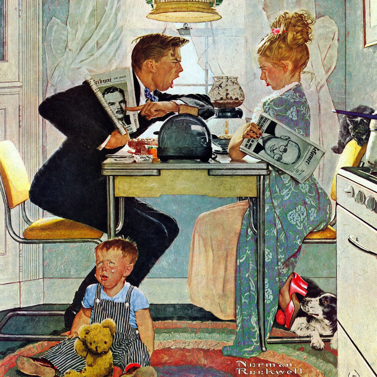 Norman Rockwell painting of couple arguing over newspaper in 1940s kitchen while child plays on floor with dog