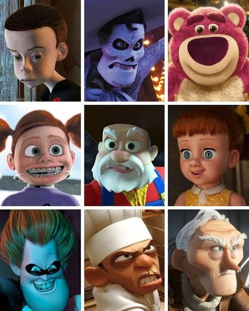Collage of nine Pixar animated villain characters arranged in a 3x3 grid