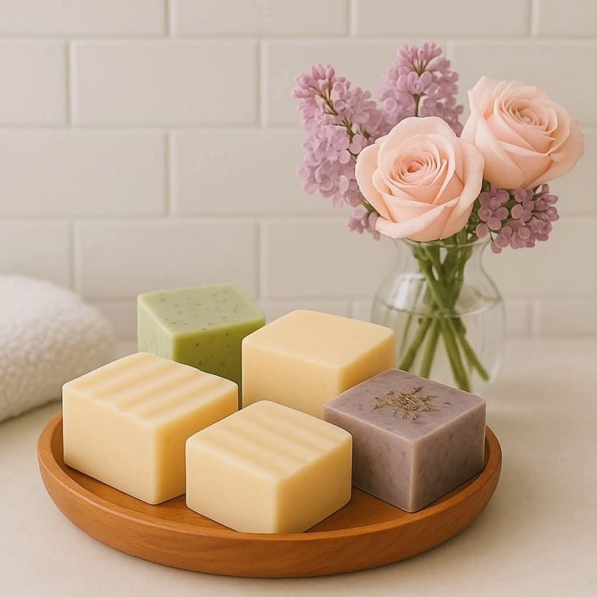 Four natural soap bars on a wooden tray beside a vase of pink roses and lilac flowers
