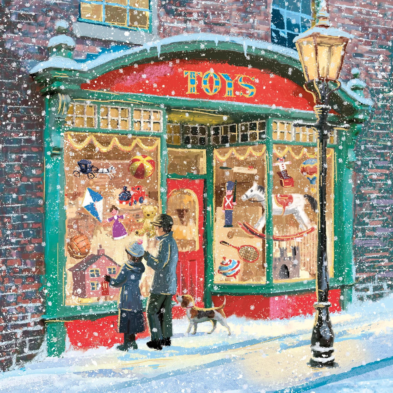 Vintage toy shop with Christmas decorations and shoppers in 1930s clothing viewing window displays in falling snow