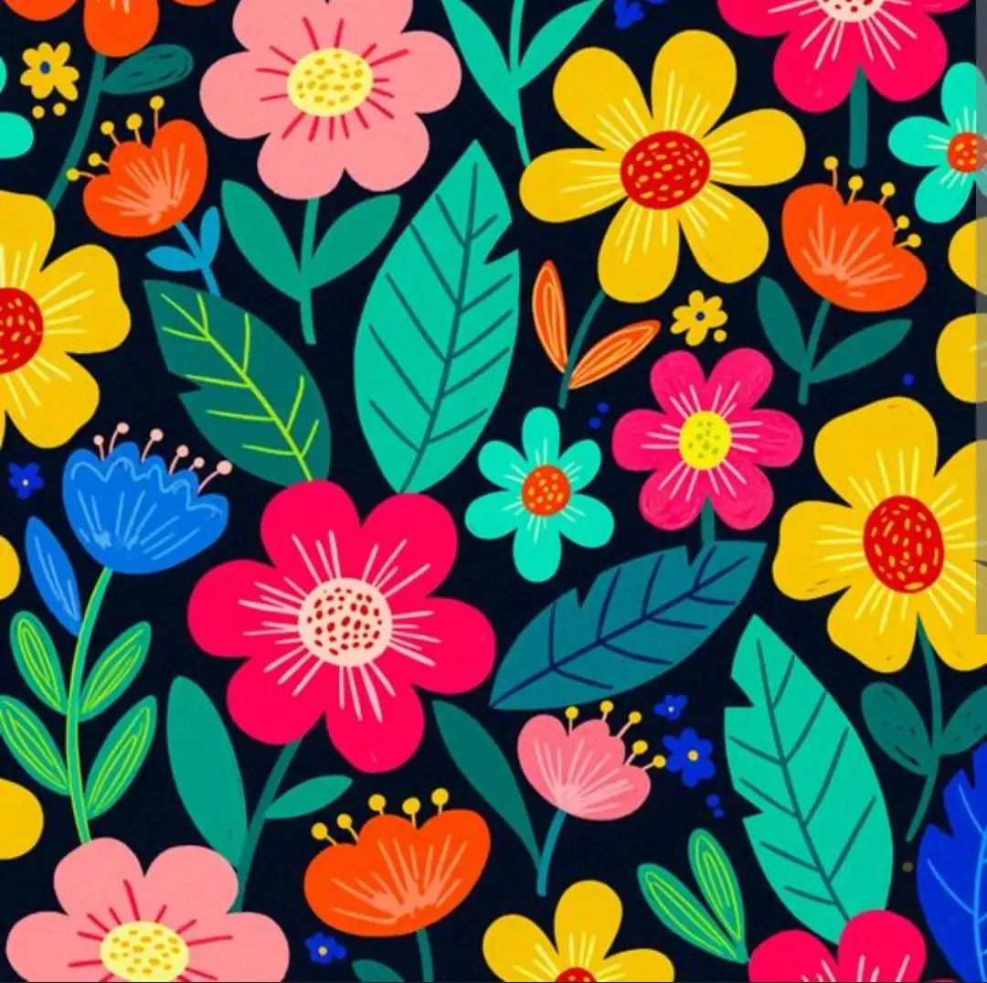 Colorful illustrated flowers and leaves in pink, yellow, orange, and teal on dark background