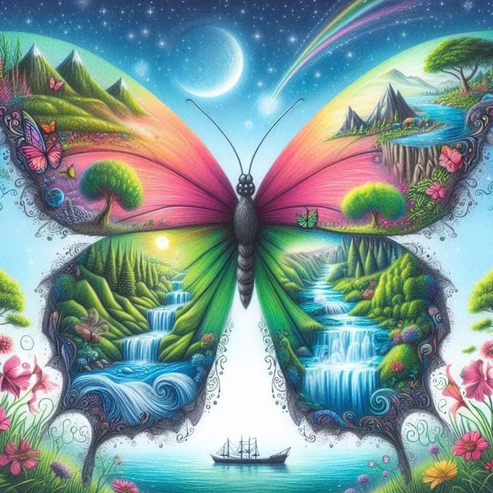 Colorful butterfly with tropical landscape scenes including waterfalls and rainbows painted on its wings against starry sky