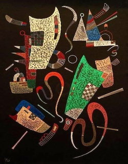 Abstract painting with geometric shapes, patterns, and curved forms on black background by Kandinsky