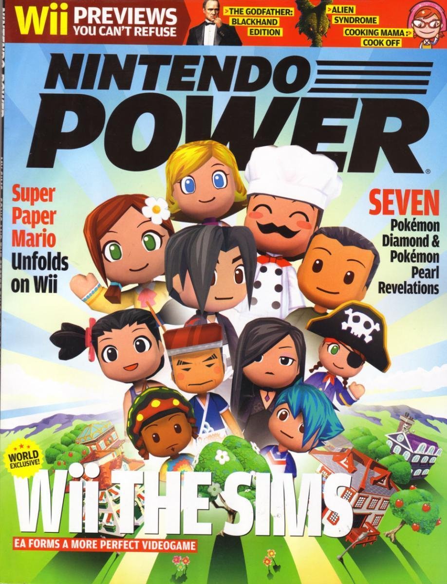Nintendo Power magazine cover with cartoon Sims characters and Wii game headlines