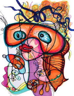 Colorful abstract illustration of sureal faces with large blue eyes and swirling decorative lines