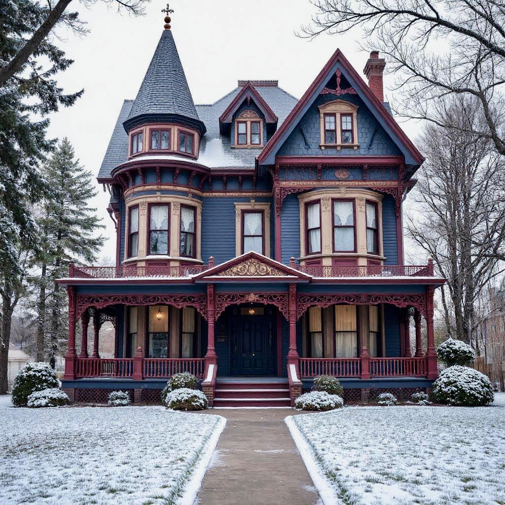 Victorian mansion with turret and decorative trim covered in snow