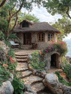 Rustic stone cottage with thatched roof covered in vines, stone steps leading through garden