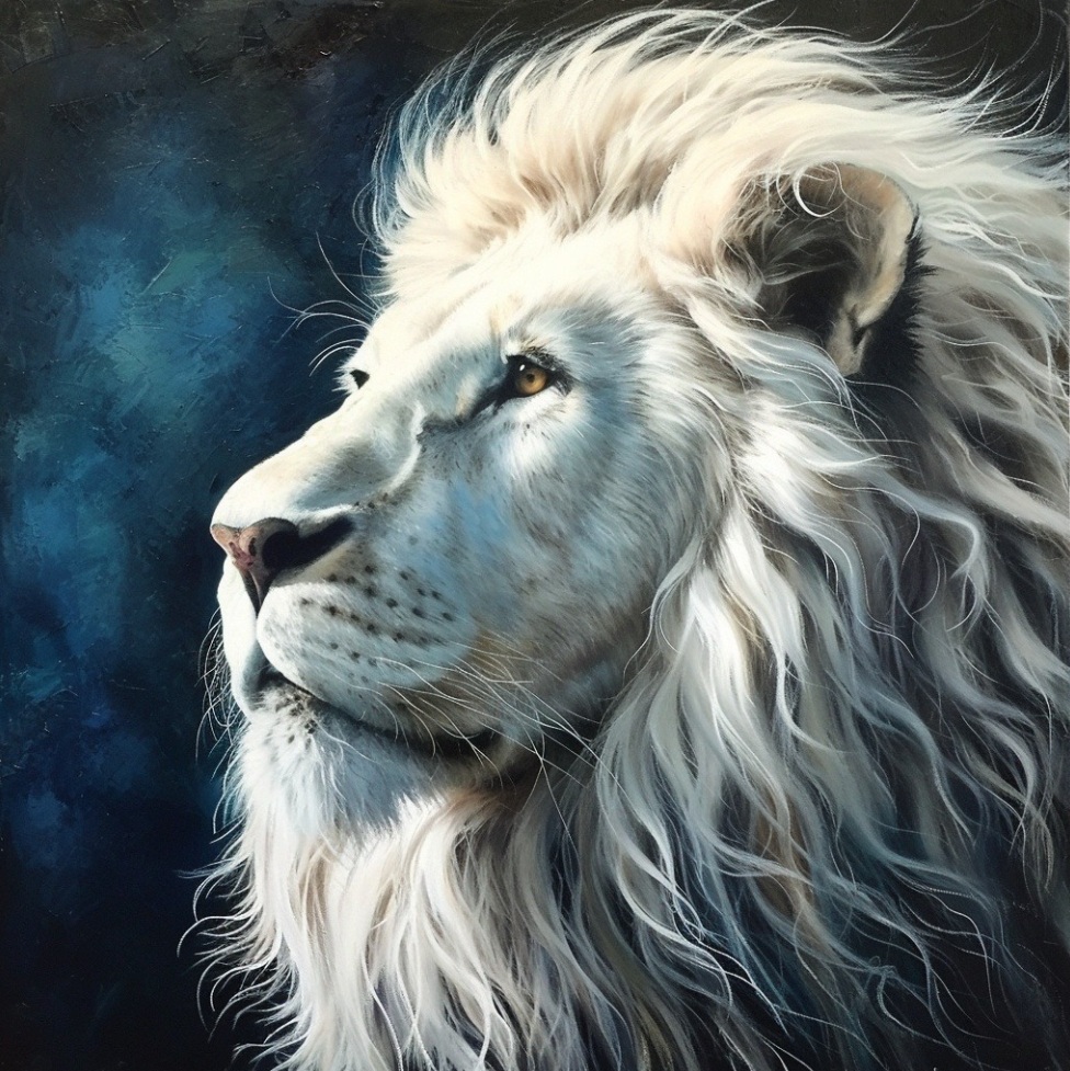 Side profile of a white lion with a long flowing mane on a dark blue background