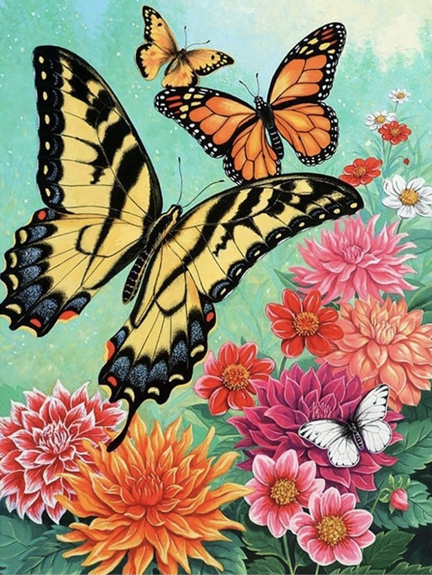 Swallowtail and monarch butterflies above colorful dahlia flowers in a garden with blue sky background