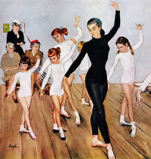 Vintage illustration of ballet teacher in black leotard instructing children in dance studio