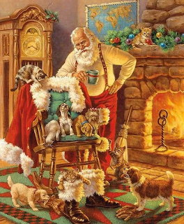 Santa Claus in red suit with puppies and kittens by fireplace in warm holiday scene