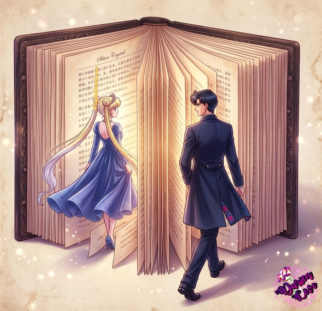 Anime-style Usagi and Mamoru beside a glowing open book with sparkling light