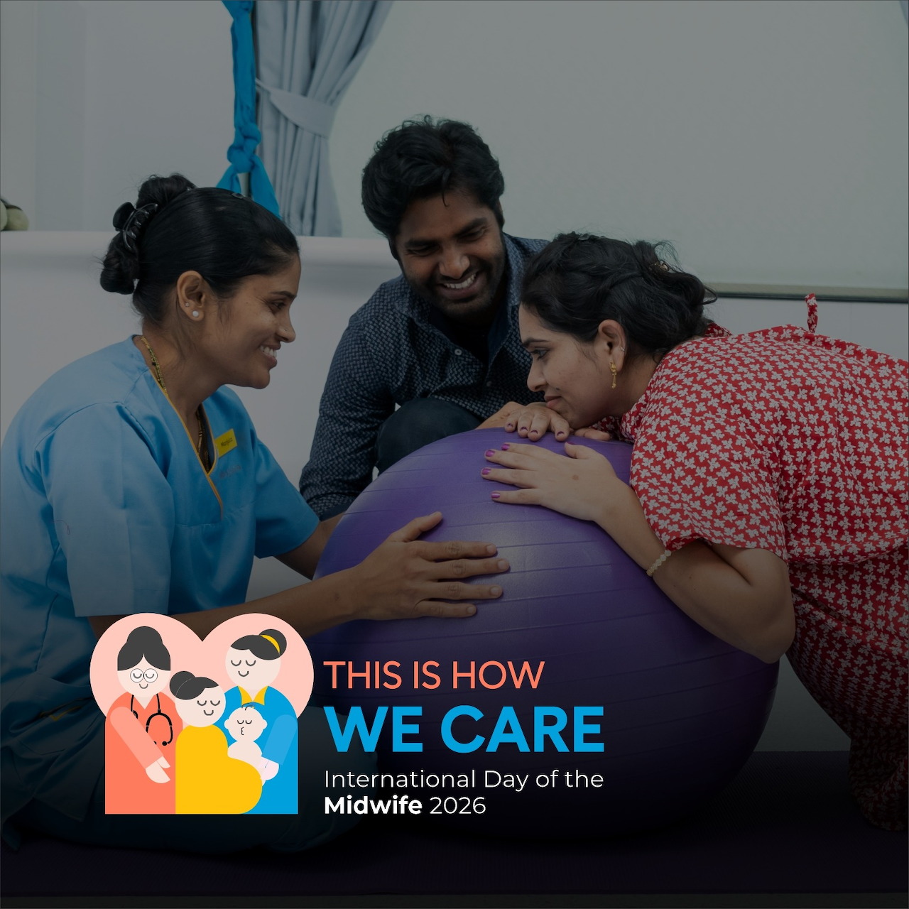 Midwives examining pregnant woman's belly in healthcare setting with International Day of the Midwife 2026 badge