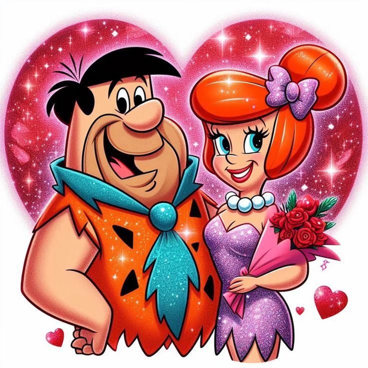 Cartoon Fred and Wilma Flintstone smiling together with a pink heart, roses, and sparkles