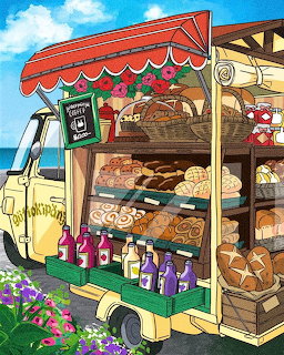 Illustrated yellow vintage food truck with red awning selling fresh bread, pastries and bottled beverages