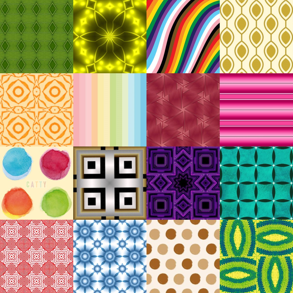 5x4 grid of diverse colorful geometric and abstract pattern squares