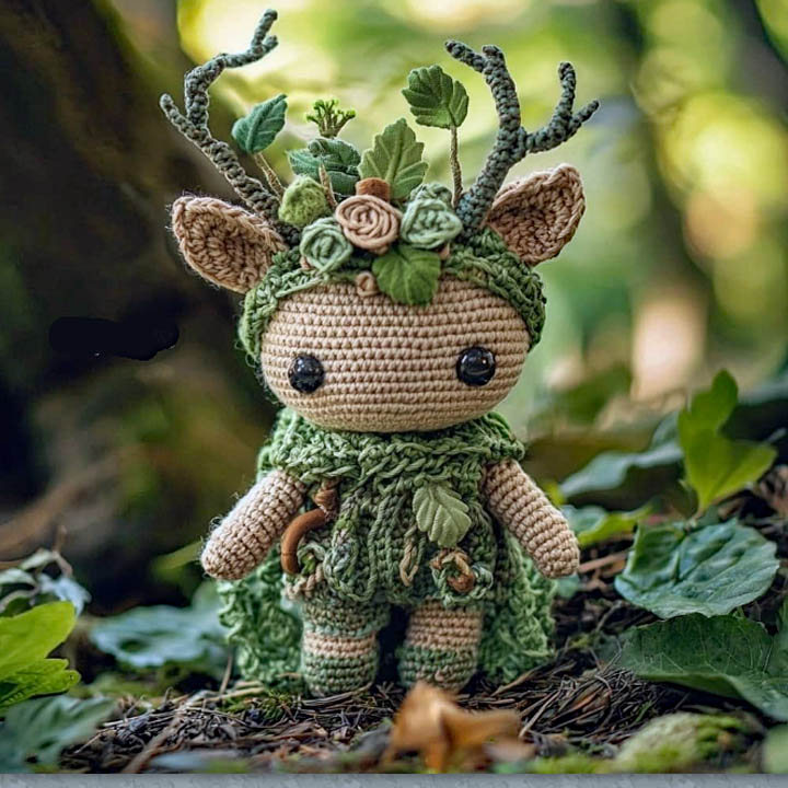 Crochet forest creature doll with antlers and leafy outfit standing on the ground among plants