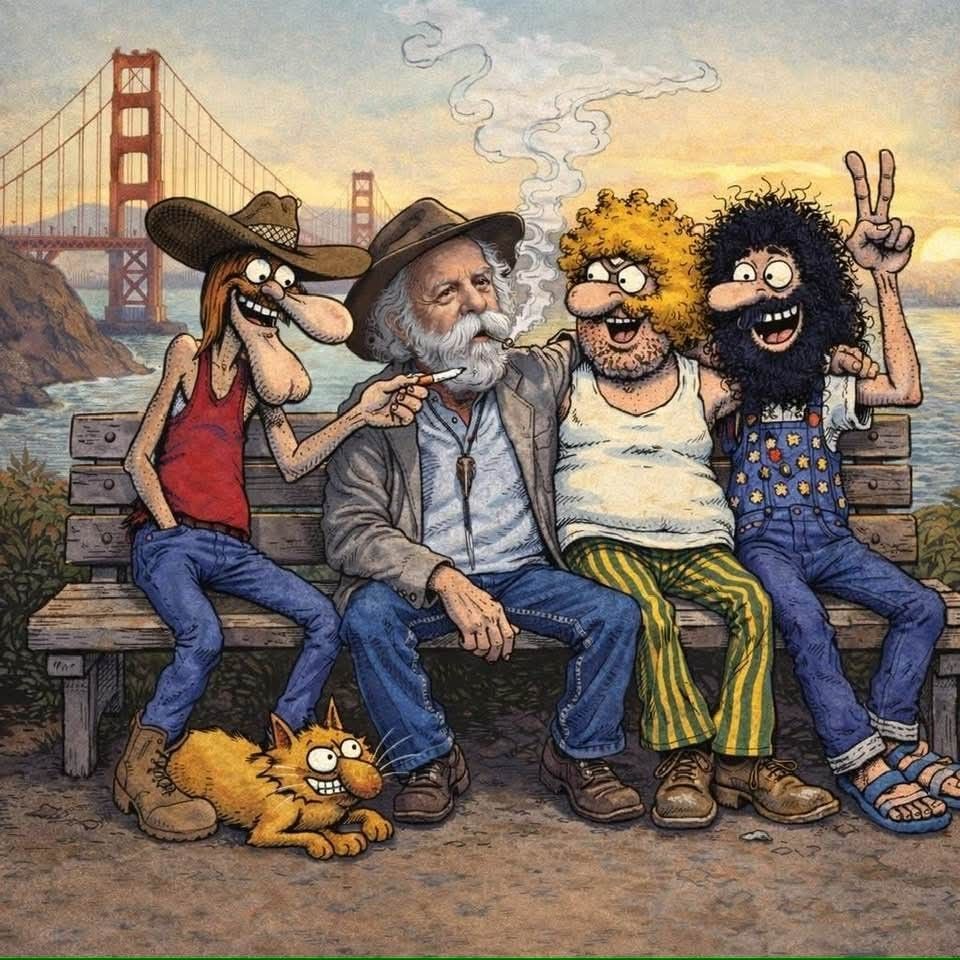 Four cartoon characters sitting on bench with Golden Gate Bridge behind them and orange cat in front