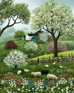 Sheep grazing in flower meadow with blooming trees and cottage on hillside