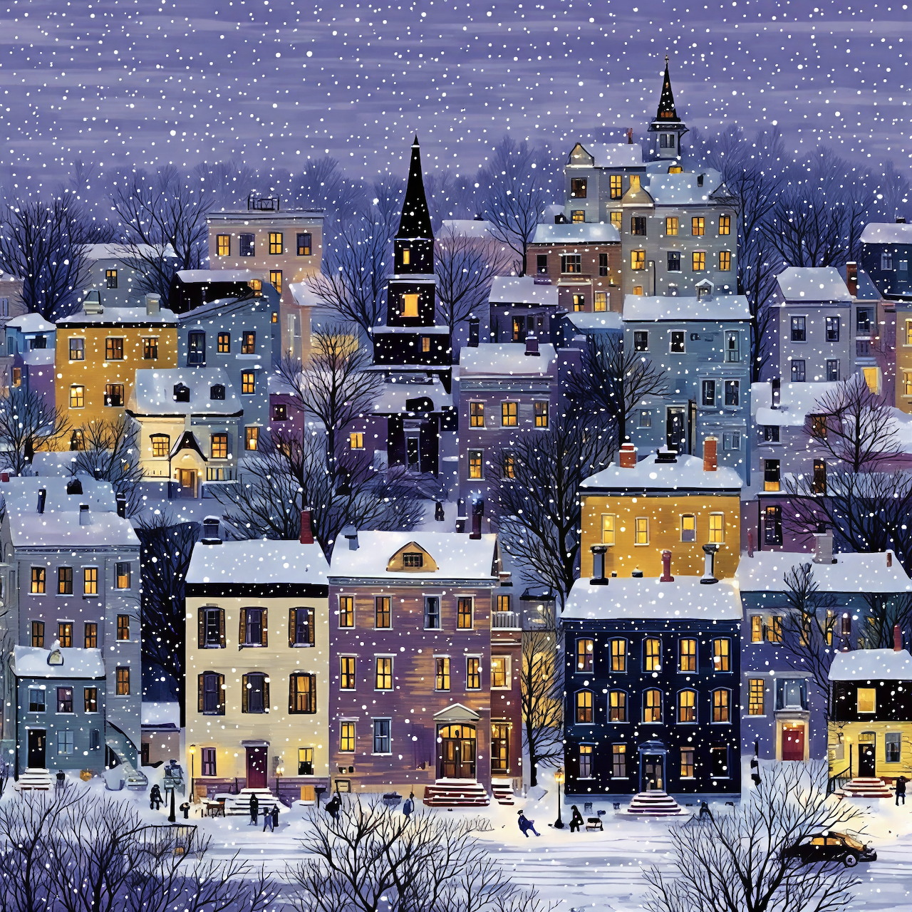 Snow-covered village at night with glowing windows, bare trees, and falling snow