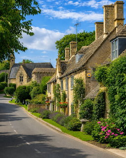 Row of traditional Cotswolds stone cottages with gardens along a village road under blue sky