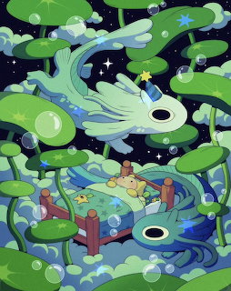 Illustration of a creature sleeping in a bed in a magical swamp with a flying axolotl spirit and bubles