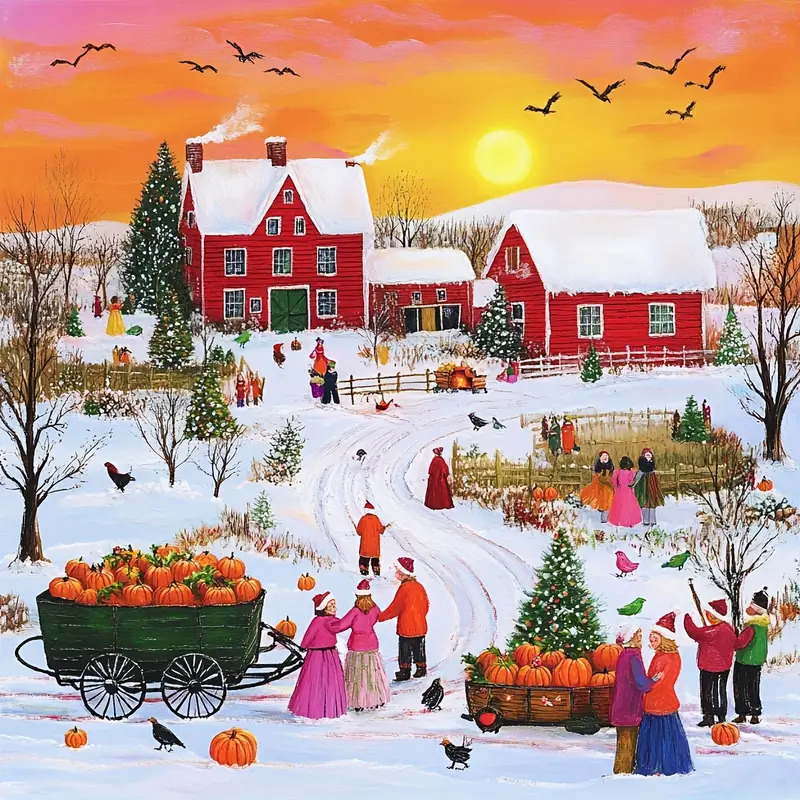 Winter village scene with red barns, Christmas trees, people in period clothing, pumpkins, and colorful sunset sky