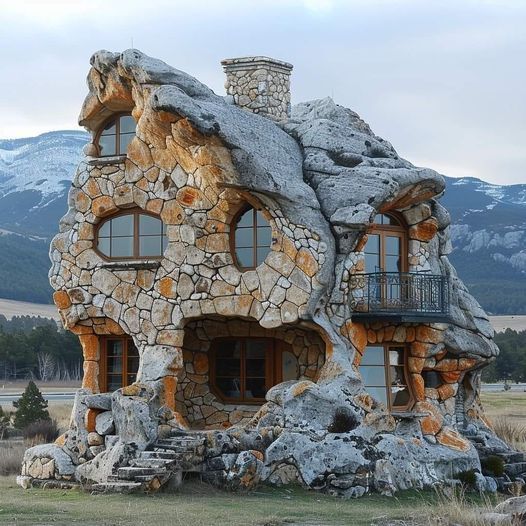 Whimsical stone house with round windows and organic curved architecture in a mountain setting