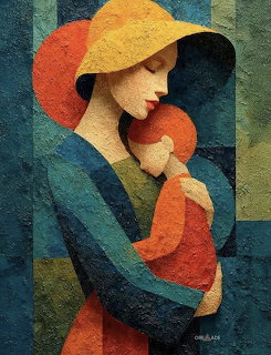 Stylized painting of a woman in a yellow hat cradling a child in geometric blue and orange tones