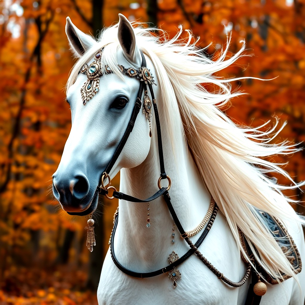 White horse head portrait with flowing mane and decorative bridle against blurred orange autumn background