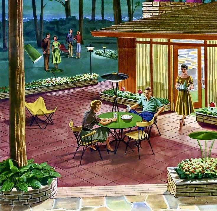 Vintage illustration of a retro patio party outside a modern house at dusk