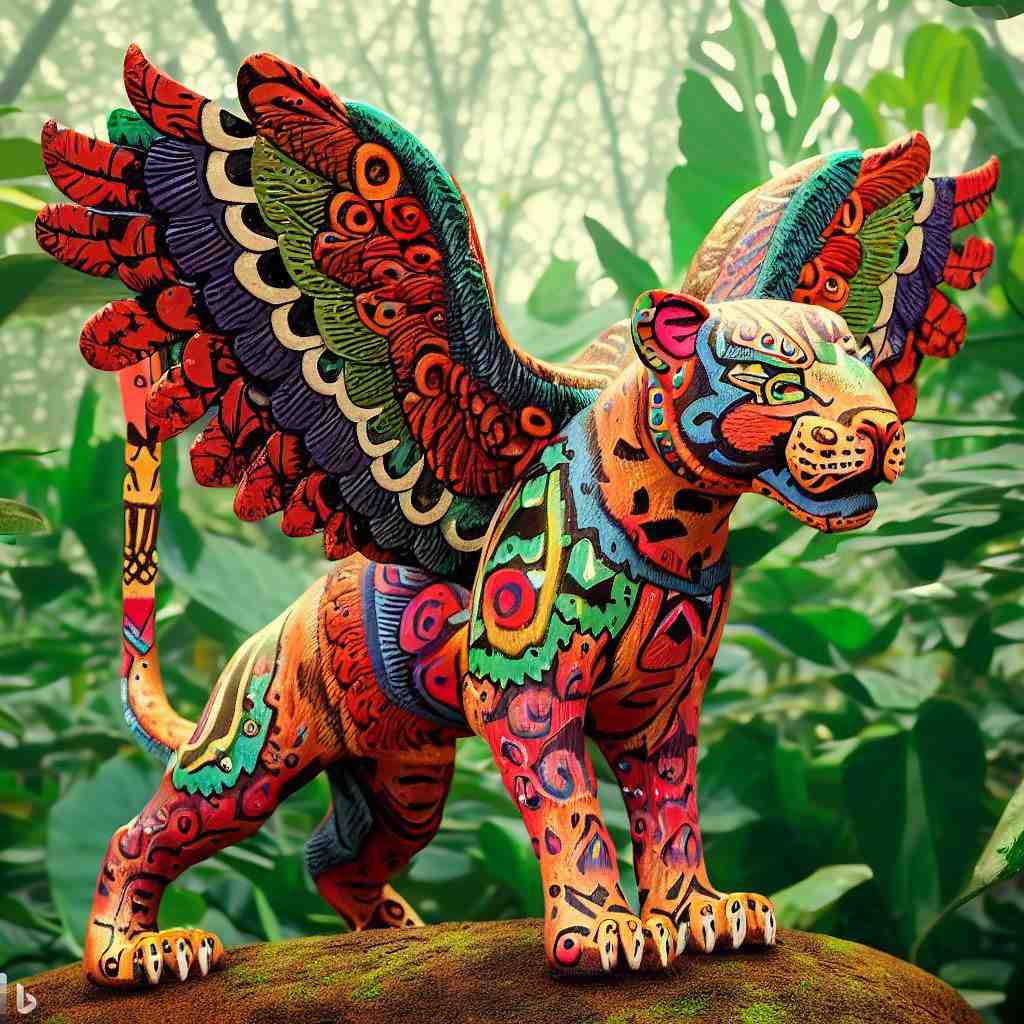 Colorful alebrije folk art creature with ornate wings and patterns in jungle setting
