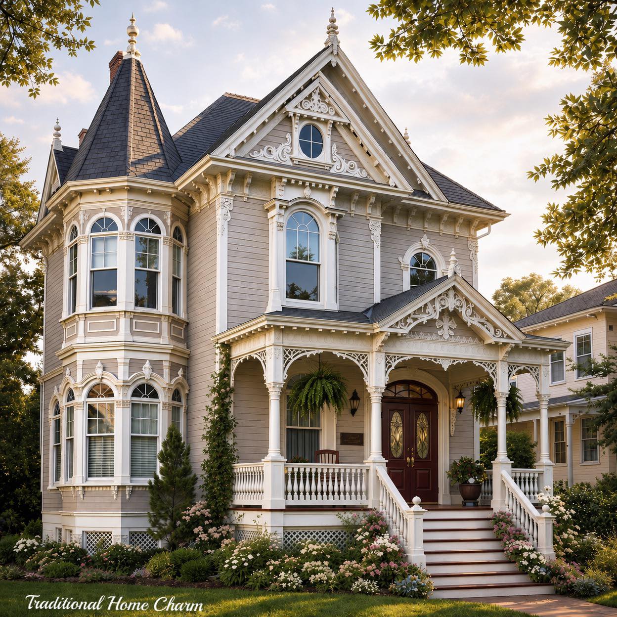 Ornate Victorian house with turret, porch, steps, and flower beds