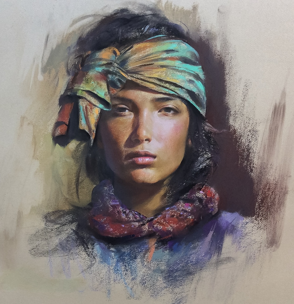 Portrait painting of woman in turquoise headscarf with curly dark hair and floral collar