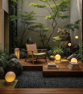 Zen courtyard garden with wooden deck, woven chair, glowing sphere lights, rocks, and green plants at dusk