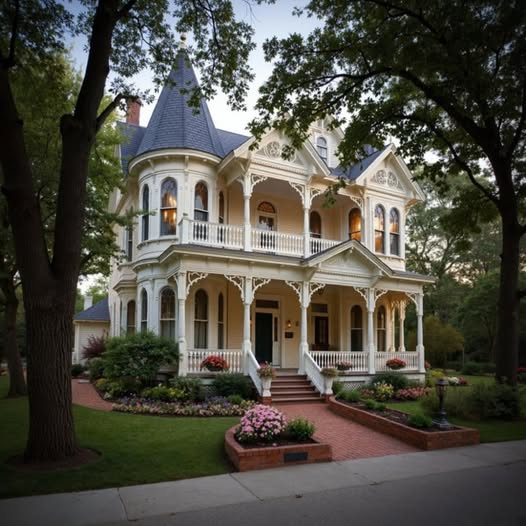 Large Victorian mansion with ornate porches, turret roof, and trees in front
