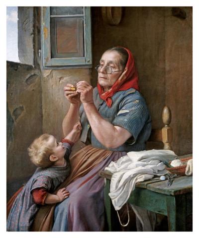 Painting of woman in headscarf sewing with child beside her in rustic room